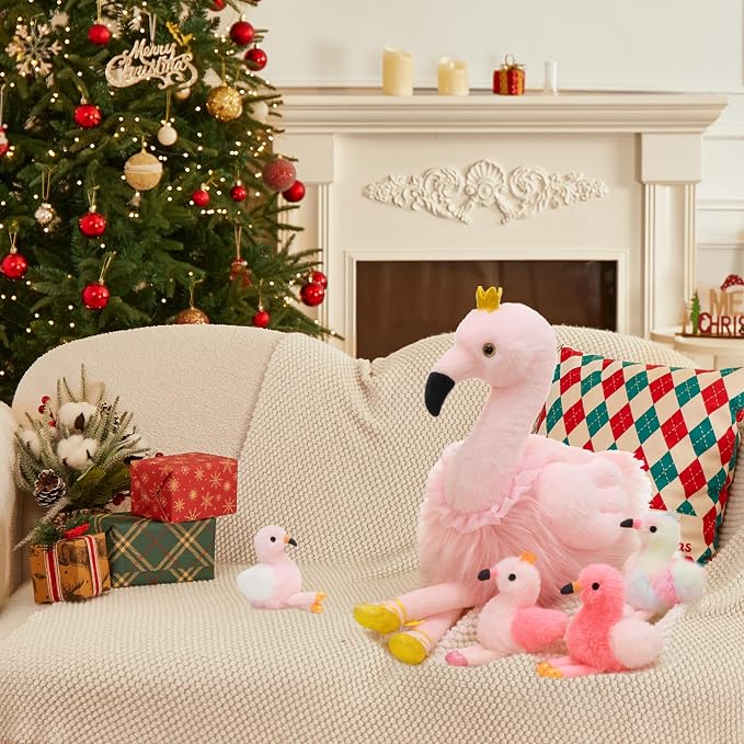 MorisMos Pink Flamingo Stuffed Animal with 4 baby Bird Plush Toys Inside, 24'' Ballerina Flamingo Plush Toys Set for Girl Boy Kid, Mom & Baby Pink Bird Stuffed Animal Gift Decor for Christmas Birthday