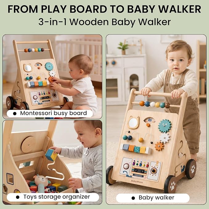 Baby Walker with Wheels - Adjustable Speed Wooden Push Walker for Babies 9-18 Months, 3in1 Montessori Sit to Stand Learning Toy with Musical Board, Shape Sorter & Bead Maze, Boys Girls