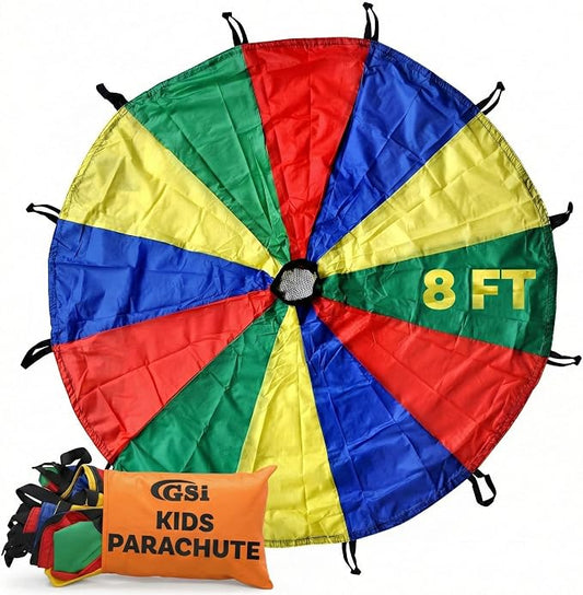 GSi Kids Play Parachute Rainbow Parachute Toy Tent Game for Children Gymnastics Cooperative Play and Outdoor Playground Activities (8 Feet)