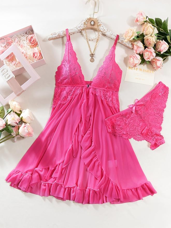 Foxiny Sexy Open Front V Neck Ruffle Sheer Mesh Lace Wireless Babydoll Lingerie Dress with Thong 2 Piece