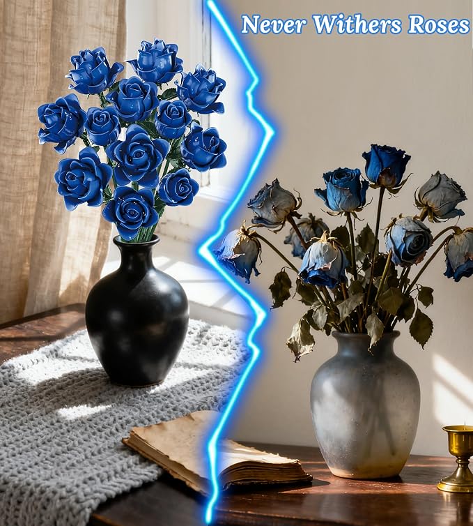 Blue Roses Flower Bouquet Building Set, Compatible with Lego Flowers, Artificial Flowers Botanical Collection Gift for Halloween Gothic Retro Home Decor