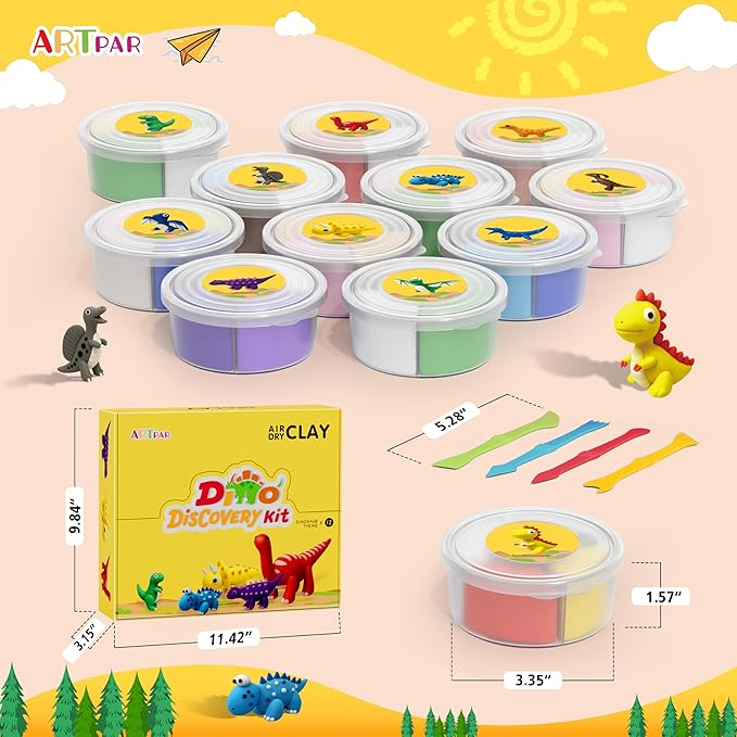 ARTPAR Air Dry Clay Kits,Dinosaur Modeling Magic Clay for Kids,12 Box Dinos DIY Art Crafts Kit,Safe & Non-Stick with Sculpting Tools & Tutorials, Family Party Favors for Boys & Girls Age 3-12 Year