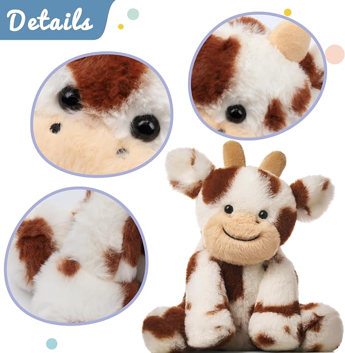 Hopearl Adorable Plush Cow Toy Floppy Dairy Cattle Soft Stuffed Animal Cute Birthday Holiday Gift for Boys Girls Kids Toddlers, Dark Brown, 9''