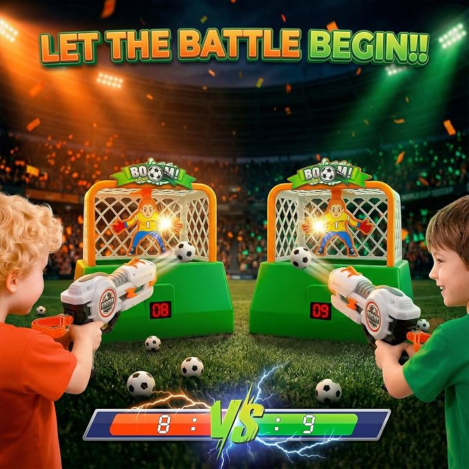 Kids Shooting Game Toy Set - 2 Pack Soccer Game 2 Foam Ball Blaster Launchers with 48 Soccer Balls, 6 Bowling Pins with LCD Score Display - Sports Toys for Boys Girls Ages 3+Years