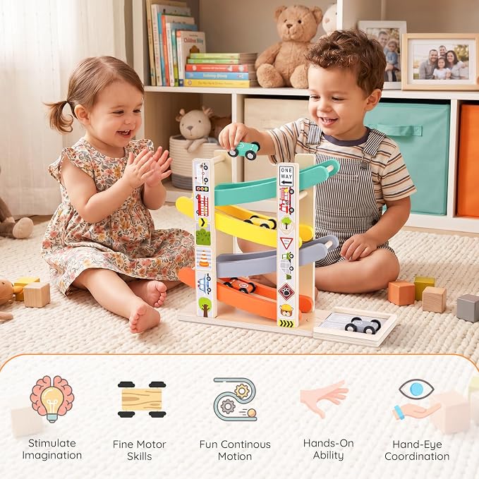 Car Ramp Toys for One Year Old Boy, Toddler Montessori Toys, Wooden Car Tracks for Toddlers 1-3, Race Cars Ramp Track with 4 Mini Cars & Parking Lots, 1st Birthday Gifts Boy