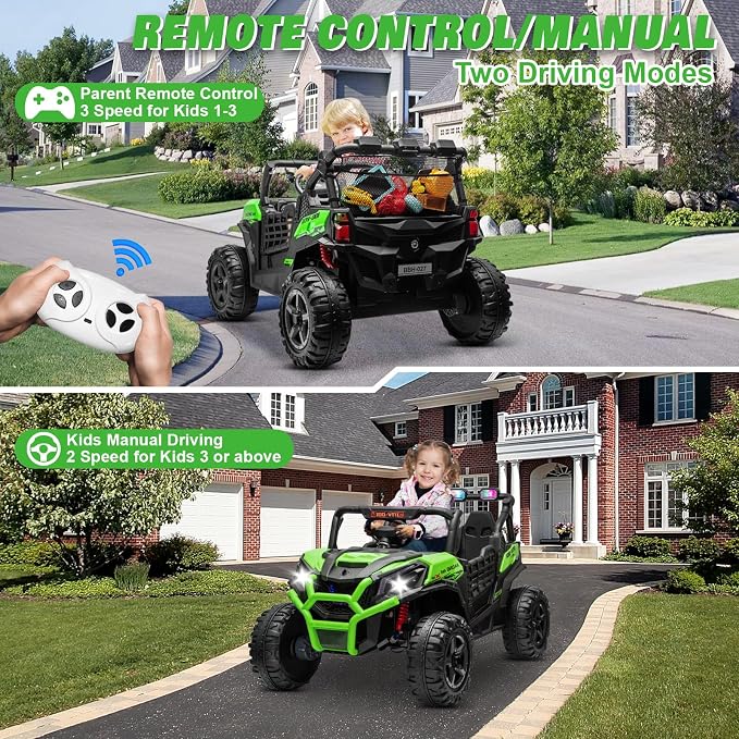 24V 2-Seater Ride On Car Truck w/4x200W, 20" Spacious Seat, 4WD/2WD Switchable, 5 Mph Max Speed, Rainbow Lights, Remote Control, Soft Start, Storage, Electric Car for Kids Ages 3-8, Green