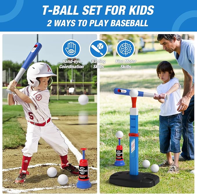 HYES 2 in 1 Kids Basketball Hoop and T Ball Set - Adjustable Height, Kids Baseball Tee with Automatic Pitching Machine, Indoor Outdoor Sport Toys Gifts for Toddler Boys Girls Age 1-5, Blue