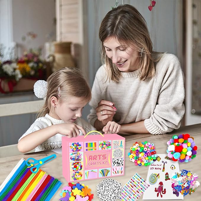 BNUZEIYI 2000 PCS Arts and Crafts Supplies for Kids All-in-1 Craft Kit with Pipe Cleaners Craft Box Set DIY Crafting Supply School Supplies Toys Gifts for Girls Boys Ages 4-6, 6-8, 8-12, Pink