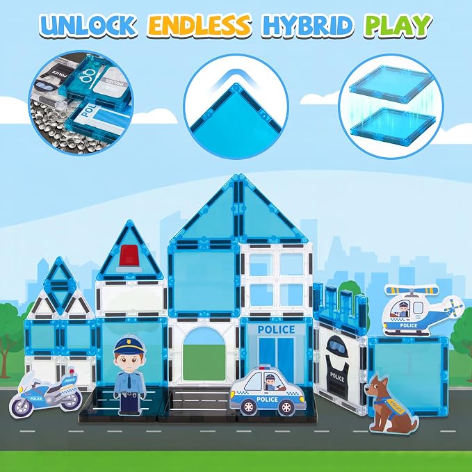 cossy Magnetic Tiles Police Set, Magnet Tiles with Policeman, Magnetic Tiles for Kids Ages 4-8, STEM Toys, Toys for 3 4 5 6 7 8 Year Old Boy and Girl, Creative Building Toys, Police