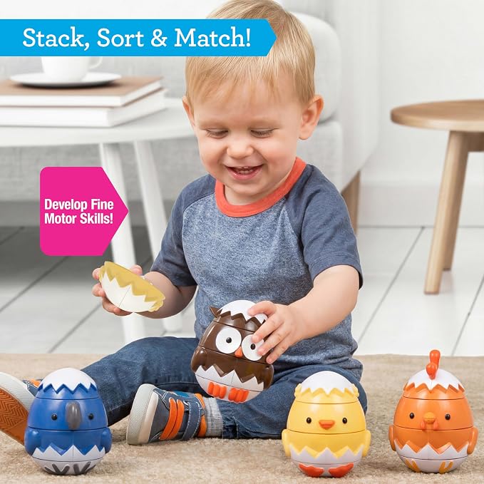 Egg Stacking & Sorting Animal Toys, Mix & Match Hatching Nesting Dolls (4 Farm Friends)- Fine Motor Skill Shape Sorters, Preschool Color Building Game Puzzle- Baby, Toddlers or Kids Montessori Gift