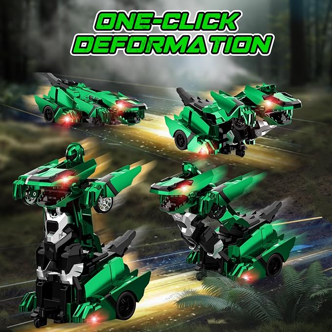 Kroyedfuw Dinosaur Transform Rc Cars, 2.4Ghz Remote Control Car Transforming Robot with Flashing Light, 360° Rotation One Button Deformation Car Toy Gifts for Boys Age 4-7 8-12