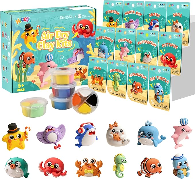 Air Dry Clay Kit, 12 Sea Creature Modeling Clay for Kids, Model Magic Clay with Sculpting Tools and Tutorials, Safe & Non-Toxic, DIY Arts & Crafts School Projects, Home Party Favors for Boys & Girls
