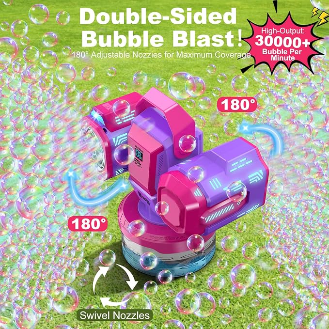 Rechargeable Bubble Machine with RGB Lights: 30,000 Bubbles/Min Storm, Auto 360° Rotation, Battery% Display - Remote Control Bubble Maker for Romantic Wedding, Kids Party & Outdoor Events