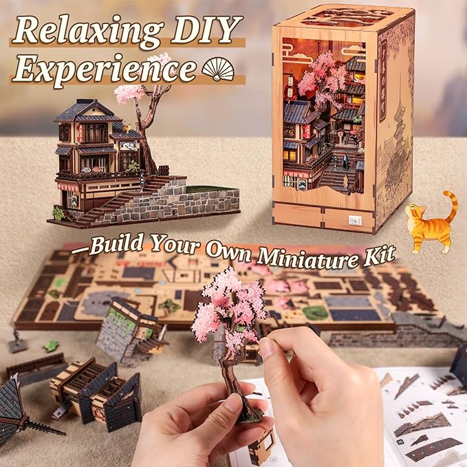 Japanese Book Nook Kit - 3D Wood Puzzles for Adults (Twilight Sakura Path) | DIY Miniature House Kit Bookshelf Diorama Creative Gift for Women