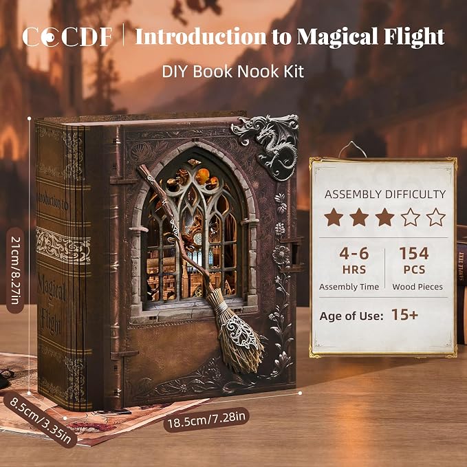 Introduction to Magical Flight Bookend, Openable Door Design with LED Light, DIY 3D Wooden Puzzle Assembly Decor, Vintage Magical Scenery Desktop Ornament for Home Shelf Decoration