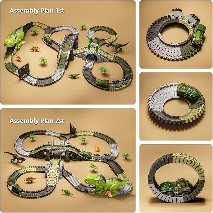 TUMAMA Dinosaur Toys Race Track, 281 Pcs Dinosaur Train Toys for Kids 3-5 5-7, Flexible Train Tracks with 4 Dinosaurs Figures, 2 Electric Race Cars with Light, Create A Dinosaur Road Race for Toddlers