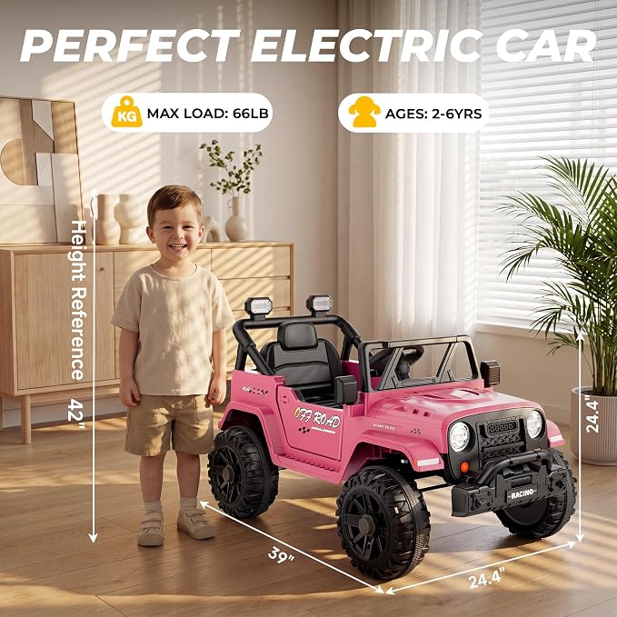 ARBELI 12V Ride On Truck Car with Remote Control, Kids Electric Vehicles with Bluetooth Music, Horn, 3 Speeds, 4 LED Lights, Soft Start, Ride on Toys for Toddler Boys & Girls, Pink