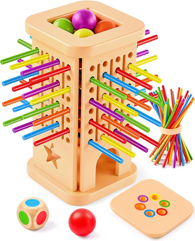 Montessori Wooden Board Games for Kids Ages 4-8, 36 Wooden Sticks Game, Color Matching Board Games for Kids 4-6, Fine Motor Skills Toy Montessori Toys for 3 4 5 6 Year Olds, Gift Boys Girls Family