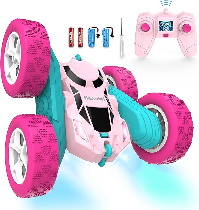 Hamdol Pink Remote Control Car for Girls, 360° Flipping Stunt Car with LED Headlights, Rechargeable 4WD Electric Toy Vehicle, Princess Gift for 6 7 8 9 10 11 Year Old Girls, Birthday & Christmas Toy