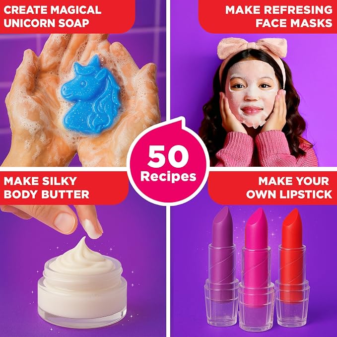 Doctor Jupiter Glam Science, DIY Makeup Craft Kit for Girls Ages 6+ | 50+ Beauty Recipes - Make Your Own Makeup, Perfume, Lip Gloss, Bath Bomb| Birthday Gift Ideas for 6-7-8-9-10-11-12 Year Olds