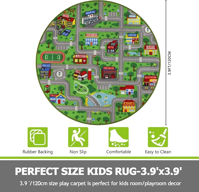 Capslpad Green Car Road Kid Rug Carpet Playmat for Playoom Traffic Road Kids Play Mat for Toddler Non Slip Washable City Map Race Track Carpet Rug for Kids Room Bedroom Nursery Room Decor,4'x4'