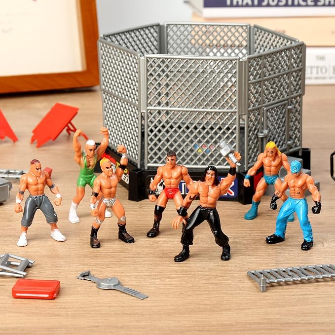 32Pcs Wrestling Toys for Kids, Wrestlers Playset with 12 Wrestling Action Figures, Wrestling Rings, Many Realistic Accessories, Toy Figures & Playset Gift for 2 3 4 5 6 Boys Girls, Cool Cake Toppers