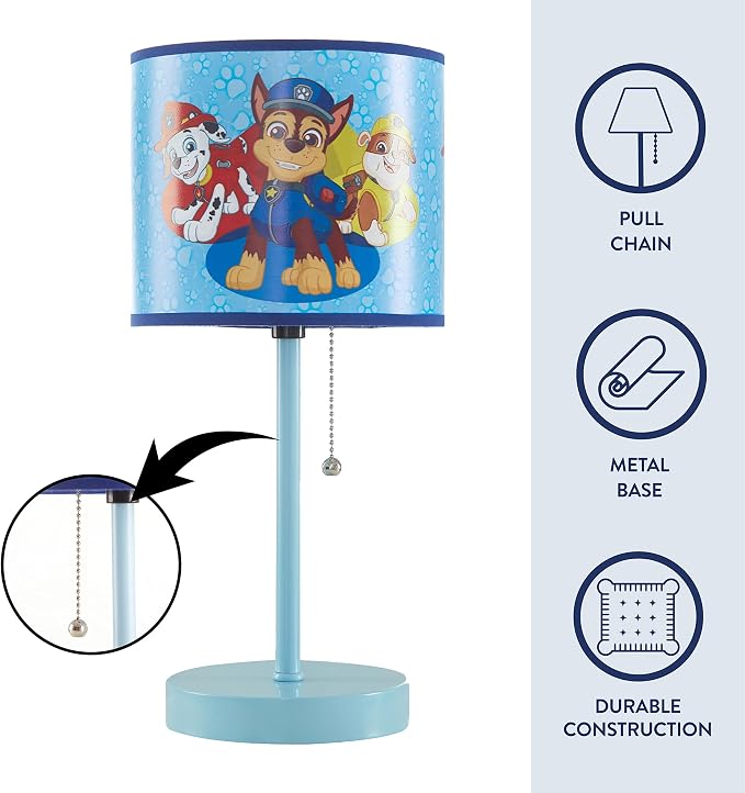 Nickelodeon Paw Patrol Kids Table Lamp with Pull Chain, Stick Lamp Featuring Chase, Rubble & Marshall, Decorative Printed Shade for Bedroom, Playroom or Nursery Lighting