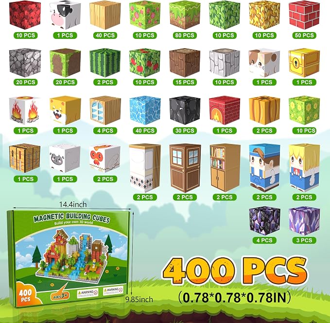 400PCS Magnetic Blocks, Magnetic Building Blocks, 0.78in Magnetic Building, STEM Game Stacking Toys for Kids, Birthday Gifts for Boys and Girls Age 3+ Years Old