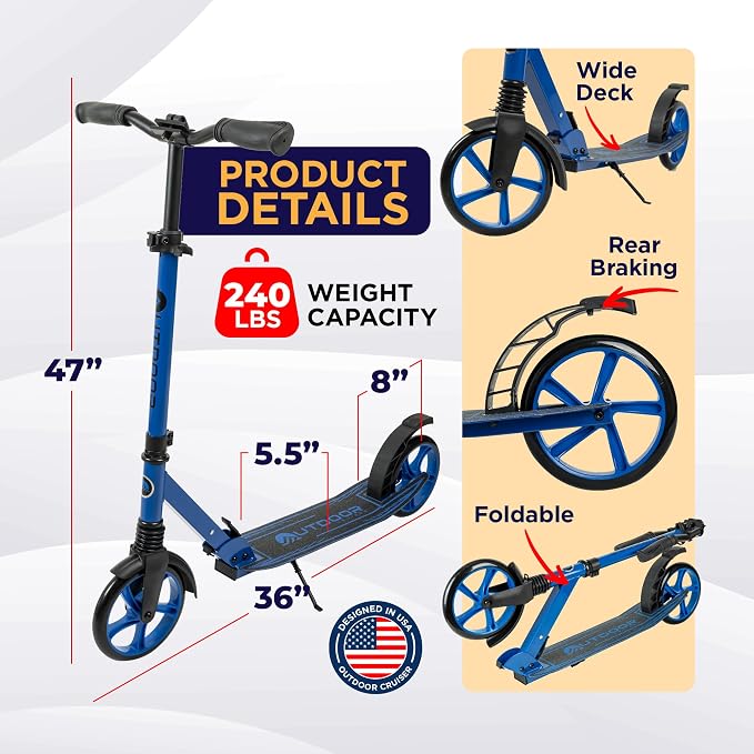 Outdoor Cruiser Kick Scooter for Ages 6+, for Kids, Teens, and Adults, Max Load 250 LBS, Foldable, 8-inch Wheels for Kids and Adults, Dual Suspension, 3 Adjustable Levels, Child Safety Approved, Blue