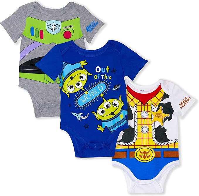 Disney Baby Toy Story Mickey Mouse Cars Winnie the Pooh Boys 3 Pack Bodysuit Creeper for Newborn and Infant