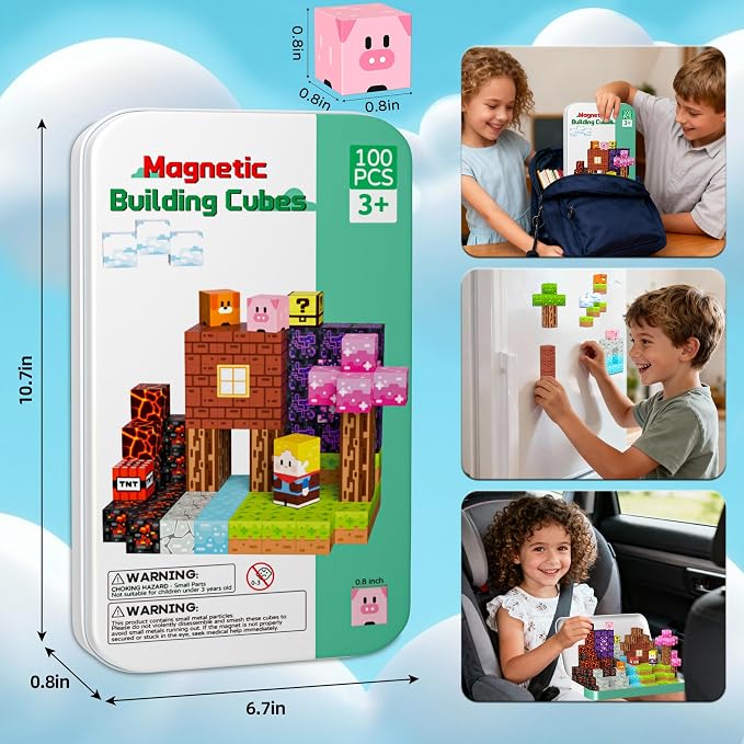 Magnetic Blocks Travel Magnetic Building Blocks Cubes - 100 PCS Tin Box Magnet Toys Set STEM Educational Stacking for Kids Ages 3 4 5 6 7 8 9 10 11 12 Year Old Boys Girls Birthday Christmas