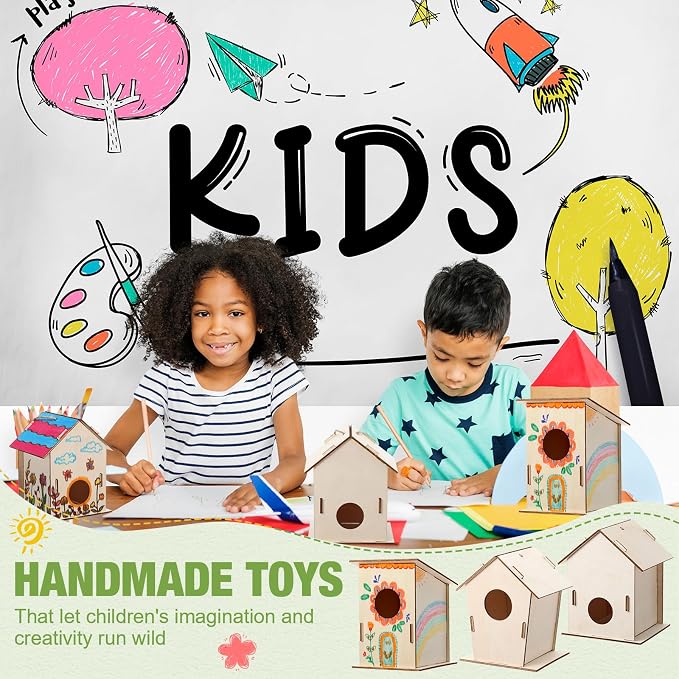 DoubleFill 48 Pcs Bulk Wooden Bird Houses Kits for Kids Mini Bird House for Craft DIY Unfinished Wood Birdhouse to Paint, Build for Children Wooden Arts Classroom Activity, 3 Styles