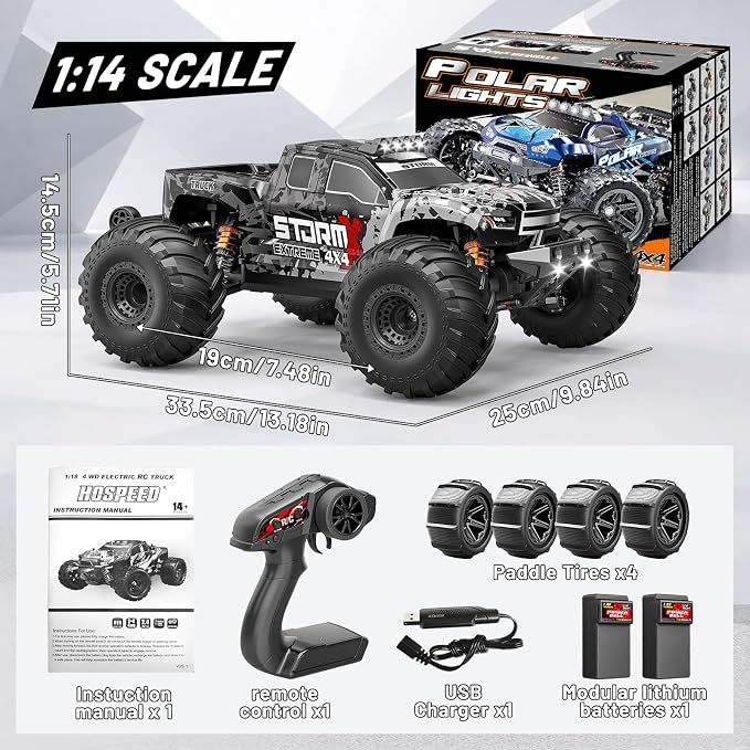 RC Cars 1:14 4WD Off-Road RC Monster Truck High Speed 40 km/h, 4x4 Remote Control Car with 2 Rechargeable 1300mAh Batteries and 2 Sets of Tires for Adults & Boys