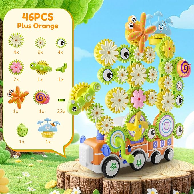Gears Building Toys for Kids Ages 3+, STEM Construction Set for Toddlers, Train and Flower Models with Electric & Manual Modes, Lights and Music, DIY Educational Learning Toys Gift for Boys and Girls