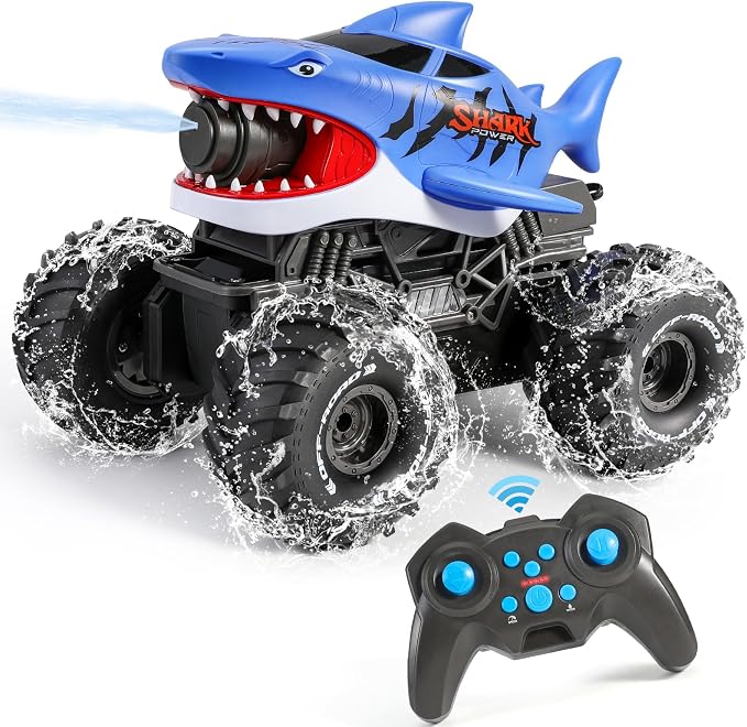 BOBXIN Amphibious Remote Control Shark Monster Truck Squirt Water,4WD All-Terrain Off-Road 2.4Ghz Waterproof RC Car Pool Water Toys for Kids Age 6+ Blue