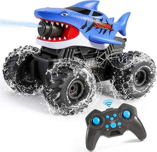 BOBXIN Amphibious Remote Control Shark Monster Truck Squirt Water,4WD All-Terrain Off-Road 2.4Ghz Waterproof RC Car Pool Water Toys for Kids Age 6+ Blue