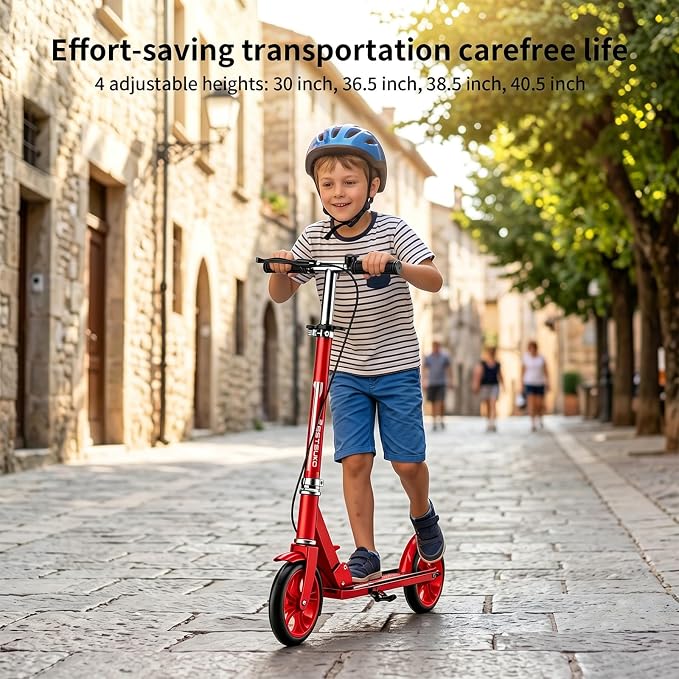 Scooters for Kids 8-12, Teens & Adults - Foldable&Portable Commuter Scooter with 8" Wheels, Bell, Hand Brake & Adjustable Height 30"-40.5", 240 lbs, Manual Push Scooter for Campus & Park