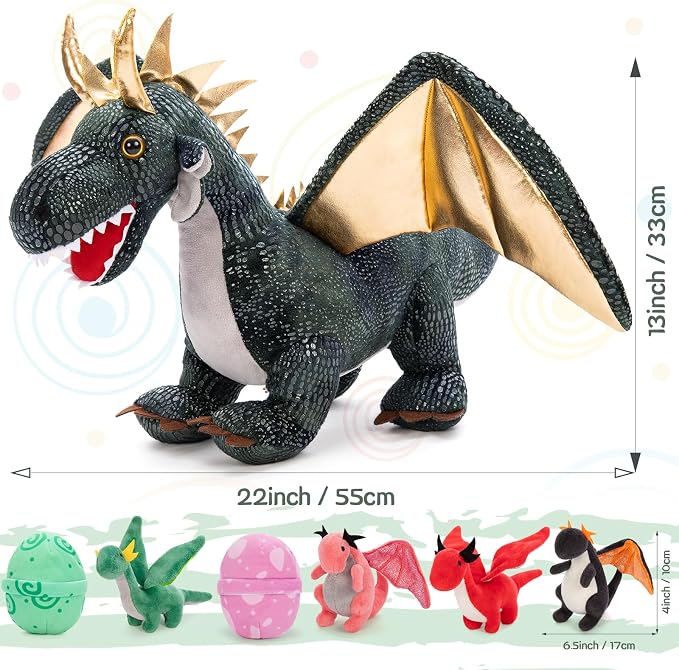 7Pcs Giant Dark Green Dragon Plush Toy, 21.7" Big Mother Dragon Stuffed Animal with 4 Babies & 2 Eggs, Stuffed Dinosaurs for Kids Boys Girls, Cute Soft Plushies Gift for Birthday Christmas