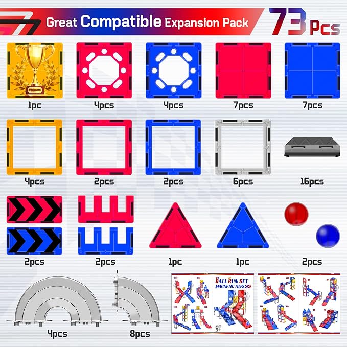 73pcs Magnetic Tiles for Kids Ages 4-8, STEM Magnetic Tiles Race Track & Marble Run, Preschool Magnetic Tile Rails Expansion Set, Creative Magnet Building Blocks for 4+ Year Old Boys Birthday Gifts