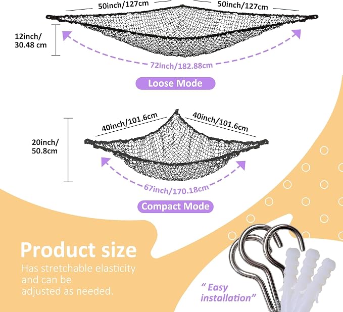 Lazebox Stuffed Animal Net Hammock for Plushie Toys, Stuffed Animal Hammock Corner for Kids' Room Decor, Ideas for Organizing Stuffy Collection, Black, L (67" x 40" x 40")-Pack of 1