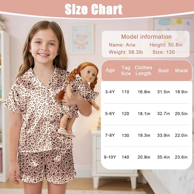 ICOSY Matching Doll & Girls Silk Pajamas Satin Pjs for Girls Button-Down Top and Shorts for 18" Doll Girl Clothes