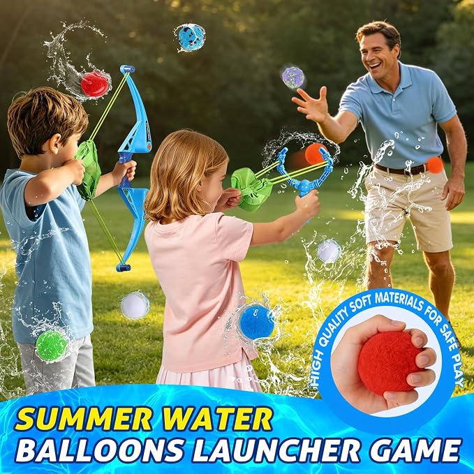 Reusable Water Balloons Set For Kids Outdoor, 2 pcs Bow and Arrow Ball Sets & 2 Slingshot Launcher with 24 Soft Water Balls, Pool Beach Yard Water Fight Fun, Summer Water Toys for Boys Girls Adults