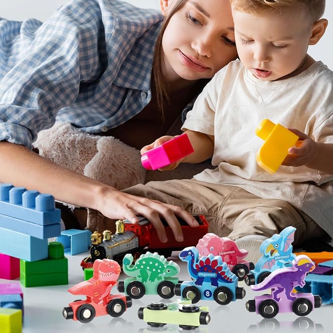 2 Set/24 Pcs Magnetic Dinosaur Animal Train Set Montessori Toys for Toddlers Wooden Dinosaur Animal Preschool Learning Activities Educational Sensory Easter Basket Stuffers Birthday Gifts