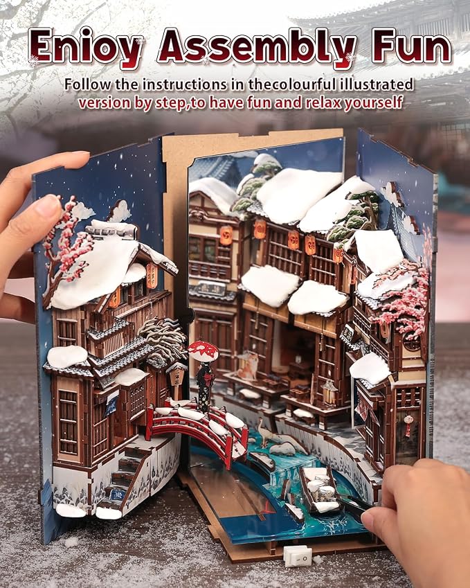 Cutefun DIY Book Nook Kit Kyoto Snow Whisper – Japanese Snow Scene 3D Wooden Puzzle Miniature Dollhouse Kit with LED Light, Bookshelf Insert Decor, Creative Gift for Adults, Teens & Book Lovers