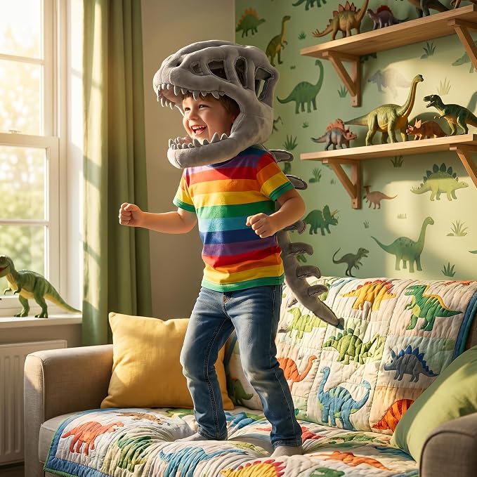 Dinosaur Skeleton Costume, Wearable Spinosaurus Skull Mask & Spine, Silly Dino Skeleton Halloween Costumes Outfit
