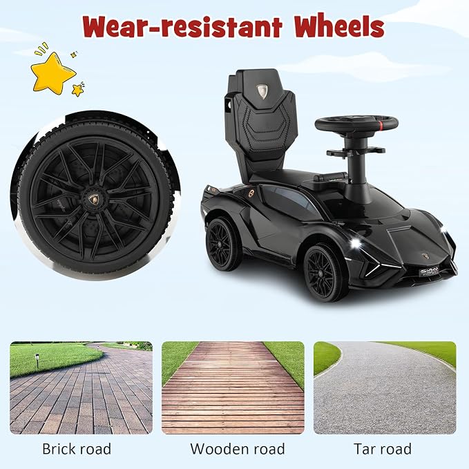 INFANS 3 in 1 Ride on Push Car, Licensed Lamborghini Baby Stroller Sliding Walking Car with Push Handle, Music, USB, Headlight, Under Seat Storage, Kids Foot-to-Floor Toy for 18-60 Months (Black)