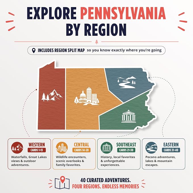Pennsylvania Bucket List Scratch Off Cards - 40 Adventure Bucket List Cards with Region Split Map, Hidden Gems, Scenic Escapes & Local Favorites - Travel Gift for Couples, Families, Friends & Tourists