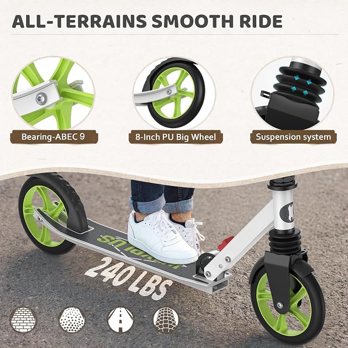 WAYPLUS KS1 Kick Scooter for Ages 6+,Kid, Teens & Adults. Max Load 240 LBS. Foldable, Lightweight, 8IN Big Wheels for Kids, Teen and Adults, 4 Adjustable Levels. Bearing ABEC9 FED Fitness