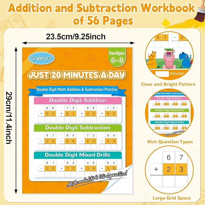 Addition and Subtraction Workbook Double Digit Math Problem Workbook for 1st Grade 2nd Grade 3rd Graders, Addition&Subtraction Worksheets for Ages 5-9, Math Repetition Exercise Daily, 56 Pages