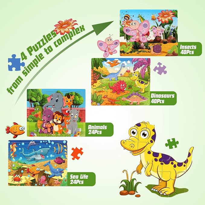 SYNARRY Wooden Jigsaw Puzzles for Kids Age 3-5 Year Old, 4 Pack 24-40 Pieces Preschool Educational Learning Toys Gift Set for Children, Easter Basket Stuffers Gifts for Kids